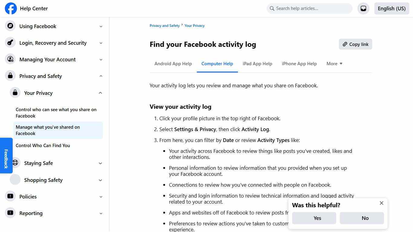 Find your Facebook activity log | Facebook Help Center