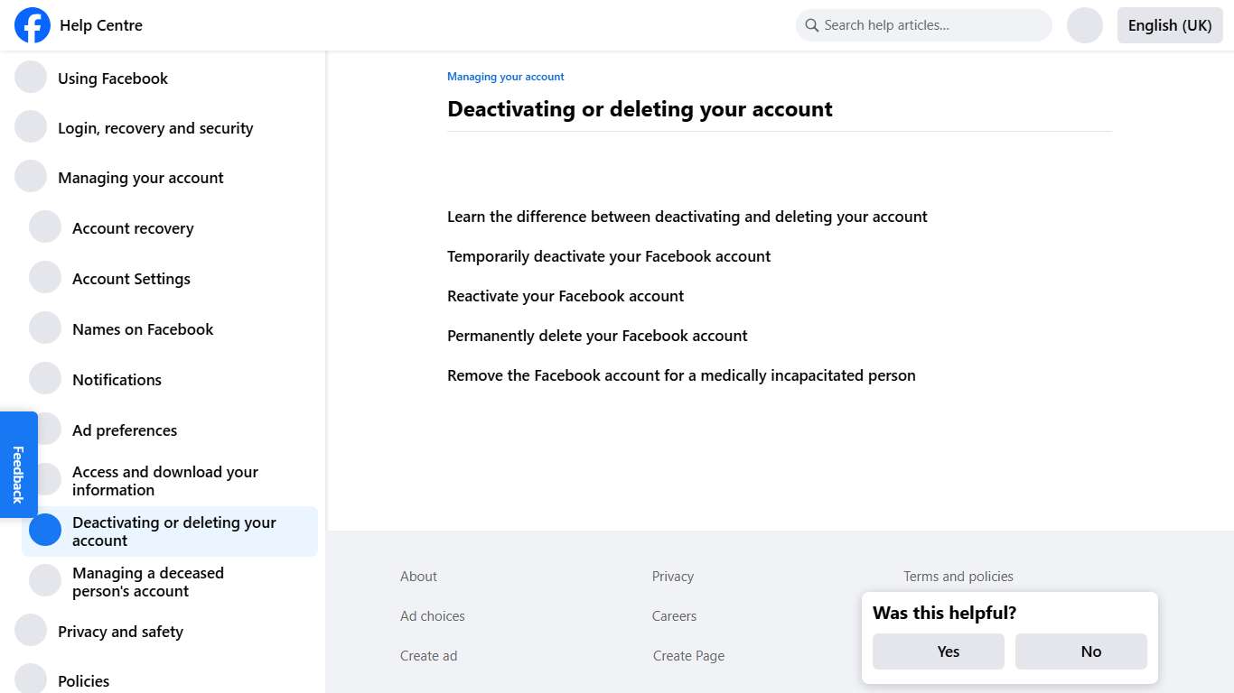 Deactivating or deleting your account | Facebook Help Centre