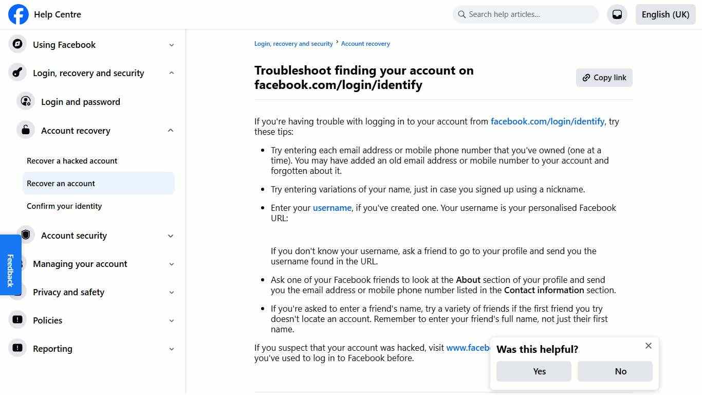 Troubleshoot finding your account on facebook.com/login/identify | Facebook Help Centre