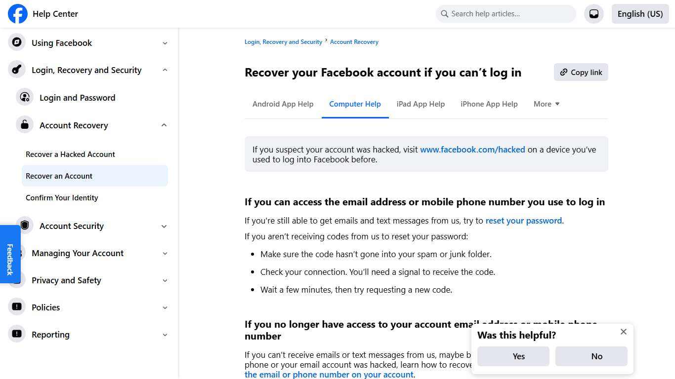 Recover your Facebook account if you can’t log in | Facebook Help Center