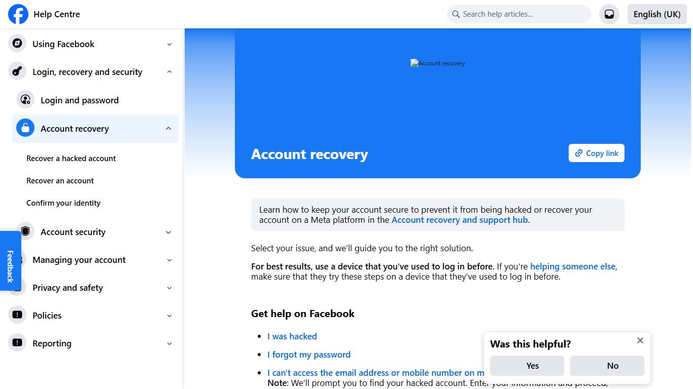 Account recovery | Facebook Help Centre